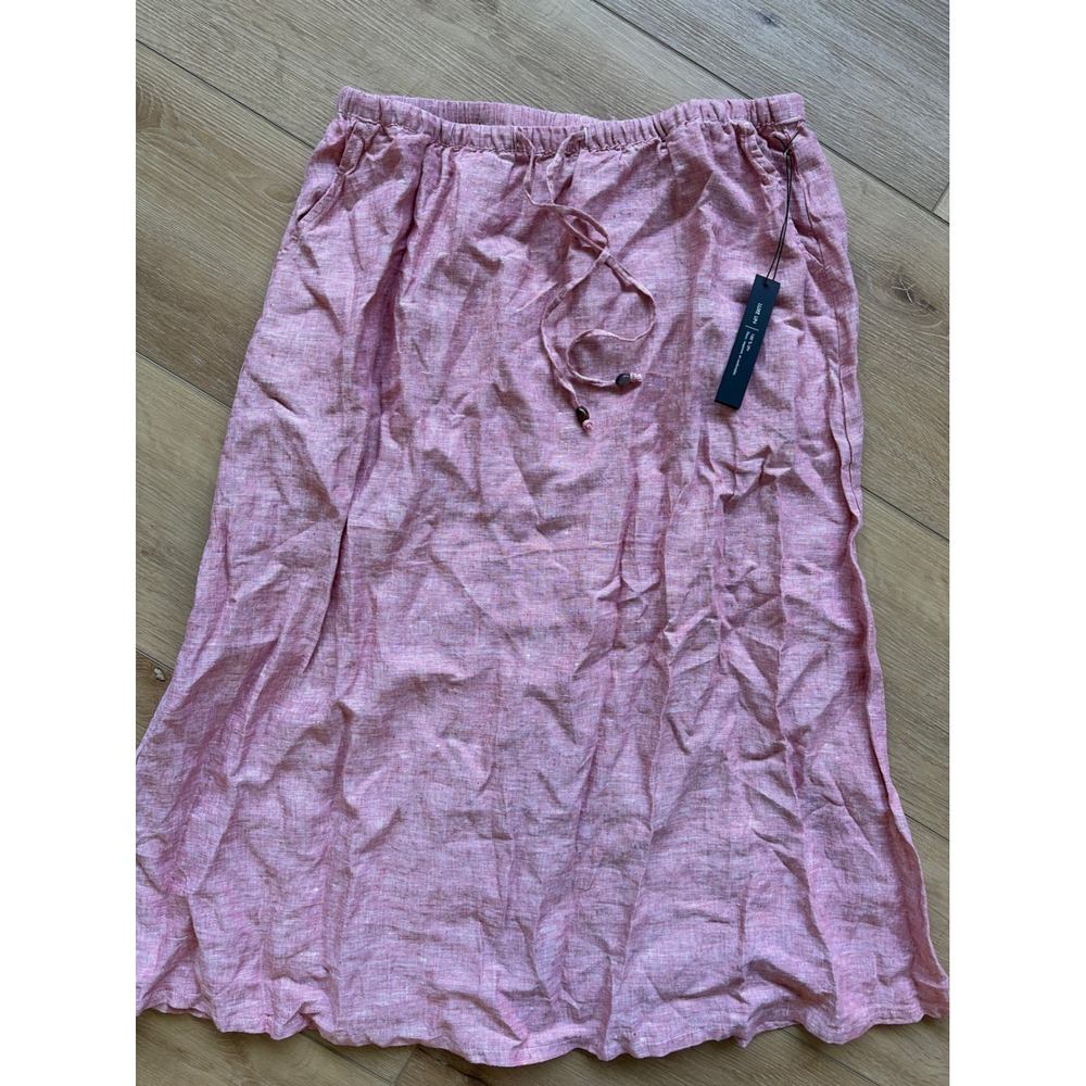 Tahari Rose Pink 100% Linen Midi Skirt Elastic Drawstring Waist Womens sz large